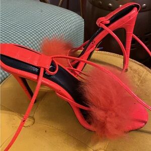 Neon Orange strappy heels  with fur toe